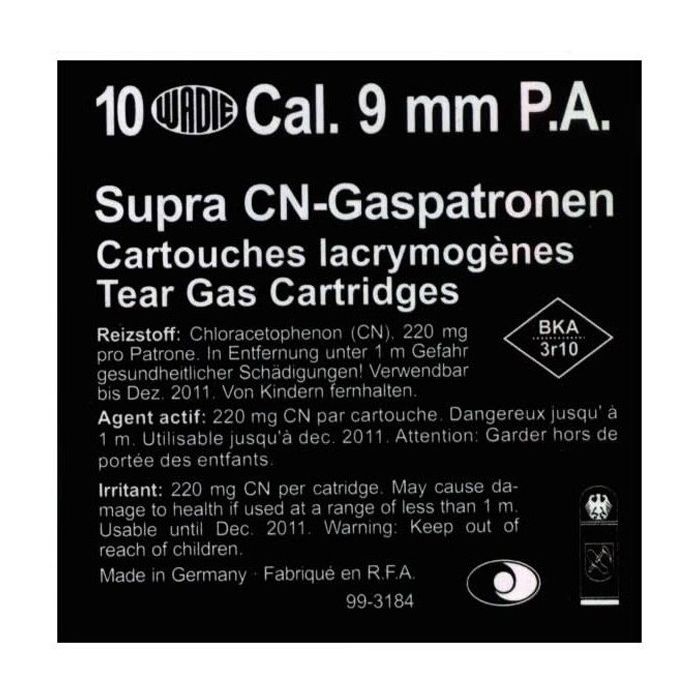 Cartouches au gaz CN lacrymogène Supra cal. 9mm PAK Pistolet x 10
