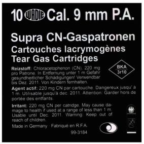 Cartouches au gaz CN lacrymogène Supra cal. 9mm PAK Pistolet x 10 Wadie