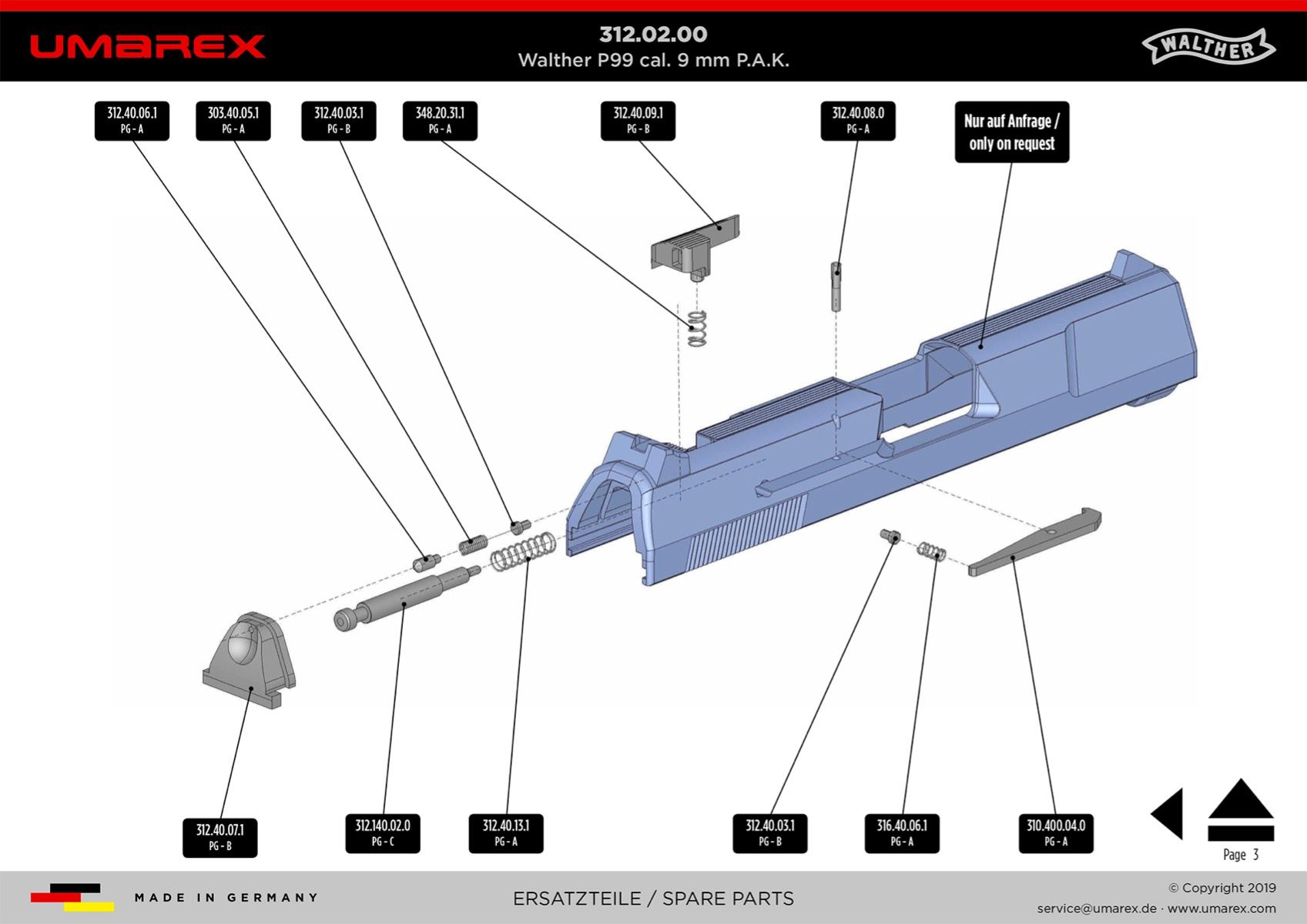Pièce détachée Umarex réf. 312.40.13.1 Walther P99