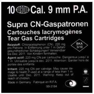 Cartouches au gaz CN lacrymogène Supra cal. 9mm PAK Pistolet x 10